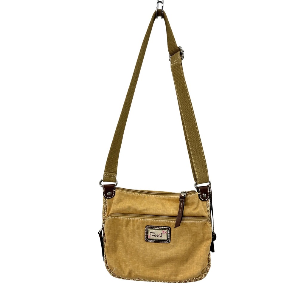 Fossil Tan Canvas Crossbody Bag Floral Embroidered Logo Adjustable Strap